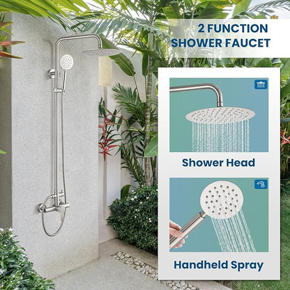 gotonovo Outdoor Shower 304 Stainless Steel, Brushed Nickel, Single Handle | Rain 8 Inch Outdoor Shower Head with Handheld Kit Fixtures System Faucet Set with Valve Wall Mount for Seaside Backyard Pool