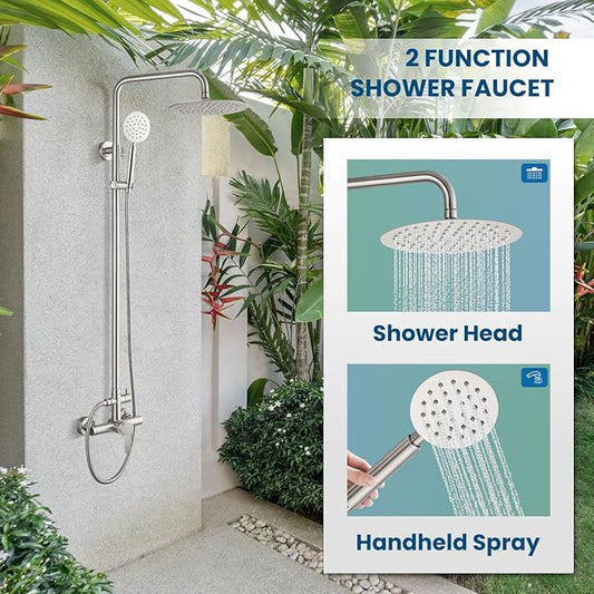 gotonovo Outdoor Shower 304 Stainless Steel, Brushed Nickel, Single Handle | Rain 8 Inch Outdoor Shower Head with Handheld Kit Fixtures System Faucet Set with Valve Wall Mount for Seaside Backyard Pool