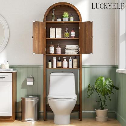 Arched Over The Toilet Storage Cabinet with Fluted Doors, 4 Tier Small Bathroom Shelf Organizer, Mid Century Modern Bathroom Cabinet with Adjustable Shelf, Slim Narrow Arch Toilet Rack, Walnut