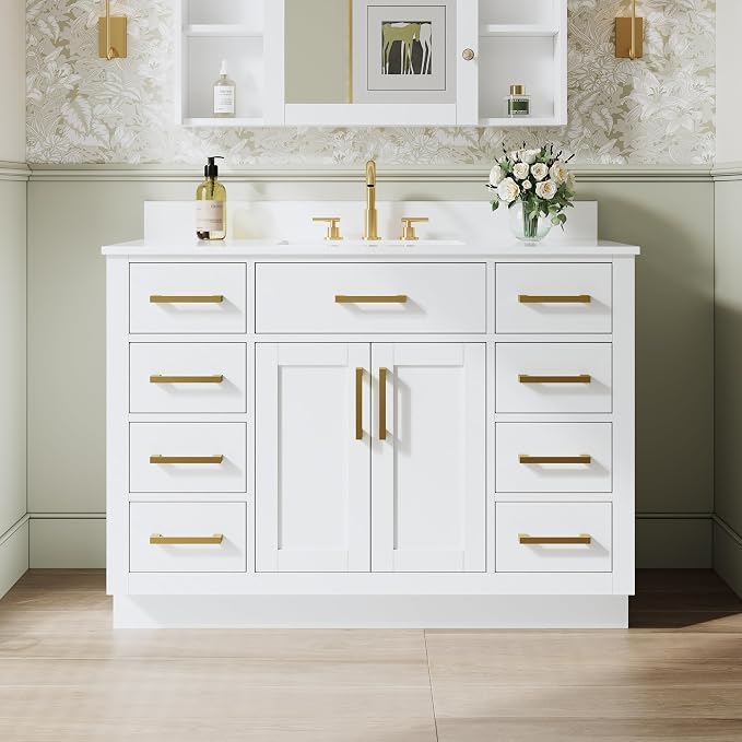 48-Inch Bathroom Vanity with Sink W/ 2 Doors & 8 Drawers & 1 Flip Drawer, White Vanity W/Brushed Gold Handles