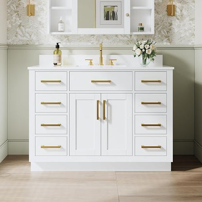 48-Inch Bathroom Vanity with Sink W/ 2 Doors & 8 Drawers & 1 Flip Drawer, White Vanity W/Brushed Gold Handles