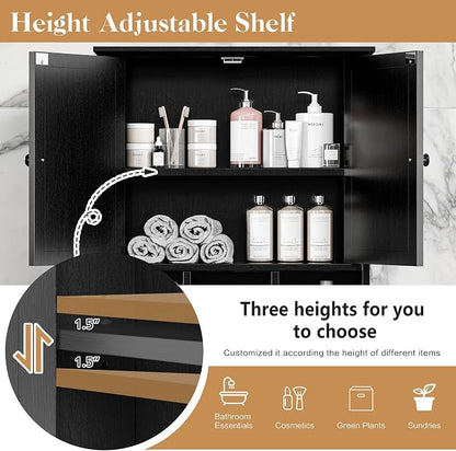 Bathroom Wall Cabinet, Bathroom Cabinet Wall Mount with 2 Doors and 3 Open Shelves, Over the Toilet Wood Medicine Cabinets for Laundry Room, Black