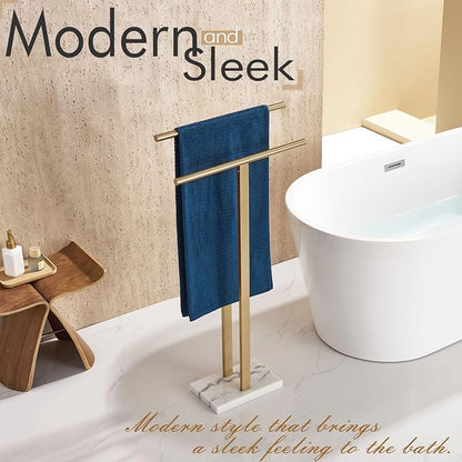 KOKOSIRI Standing Towel Rack for Bathroom Floor 2-Tier Towel Holder Free Stand with Heavy Marble Base Thicken Steady Champagne Bronze Stainless Steel THS0005-CPG