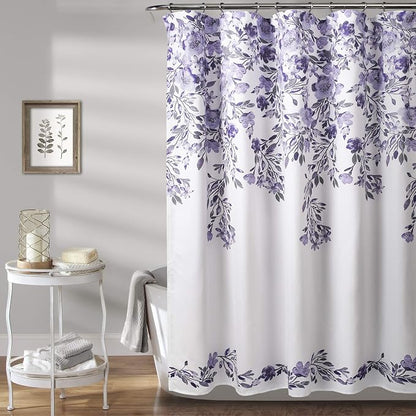 Lush Decor Tanisha Shower Curtain, 72" W x 72" L, Purple & Gray - Lavender Purple Flower Vine Print - Beautiful & Elegant Floral Shower Curtain - Modern Farmhouse & Cottage Bathroom Decor