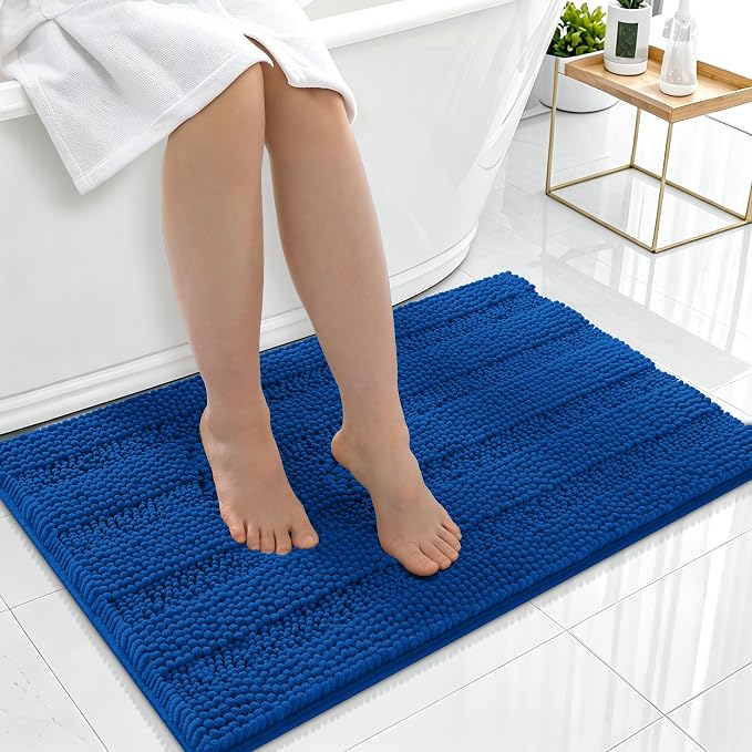 Smiry Thick Chenille Bathroom Rugs 36x24, Soft Bath Mat, Deep Navy Blue | Quick‑Dry & Machine Washable, Non‑Slip Bath Carpet, Striped Bath Rugs for Tub & Shower, Modern Home Decor Accessories