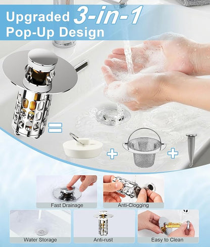 QYHNYJF Upgraded Bathroom Sink Stopper – Universal Pop-Up Drain Plug with Anti-Clog Hair Catcher, Durable Stainless Steel & Silicone Seal, Fits Standard 1.1-1.5 Inch Sink Drains, Silver