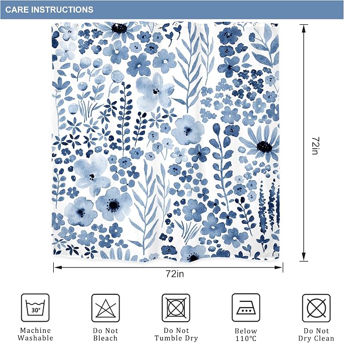 Navy Blue Floral Wildflower Watercolor Flower Bathroom Shower Curtain Set | 72"W x 72"H Leaves Botanical; waterproof HD print, quick-dry fabric with 12 hooks for easy hanging.