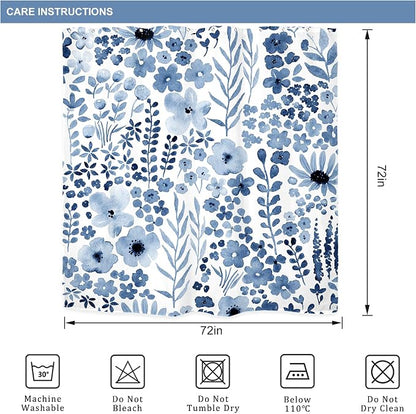 Navy Blue Floral Wildflower Watercolor Flower Bathroom Shower Curtain Set | 72"W x 72"H Leaves Botanical; waterproof HD print, quick-dry fabric with 12 hooks for easy hanging.