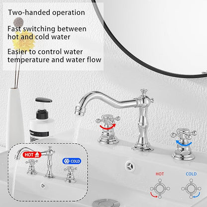 GGStudy Two Handles Three Holes Faucet 8-16 inch Widespread Bathroom Sink Faucet Chrome Basin Mixer Tap Matching Metal Pop Up Drain with Overflow