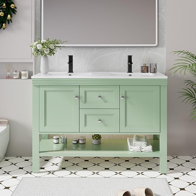 eclife 48" Bathroom Vanity with Sink Combo, Modern Painted Vanities Cabinet w/Wide Opening Storage Shelf, 2 Drawers, Soft Closing Doors and Undermount White Sink Faucet Drain, Green