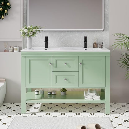eclife 48" Bathroom Vanity with Sink Combo, Modern Painted Vanities Cabinet w/Wide Opening Storage Shelf, 2 Drawers, Soft Closing Doors and Undermount White Sink Faucet Drain, Green