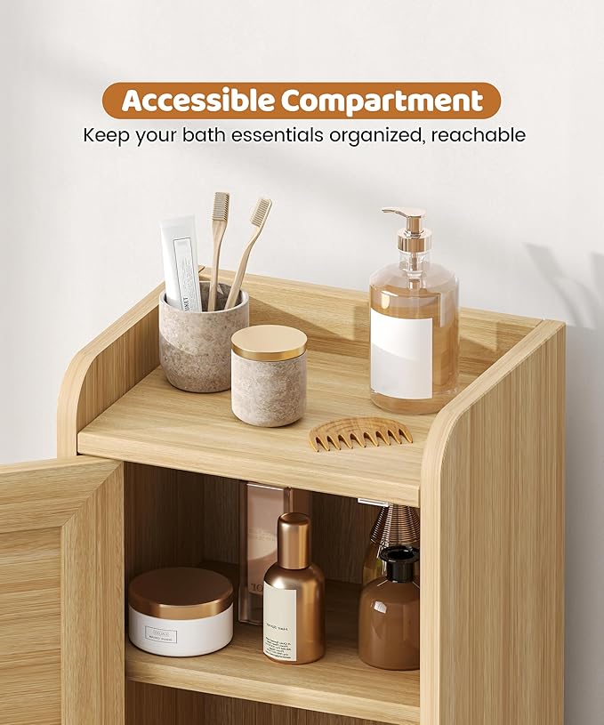 Rattan Small Bathroom Cabinet with 2 Doors, 7.9''D x 9.8''W x 34.8" H Narrow Floor Cabinet with Adjustable Shelf, Bathroom Organizer for Small Spaces, Wooden Corner Unit, Natural Oak