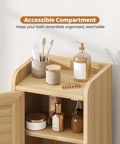 Rattan Small Bathroom Cabinet with 2 Doors, 7.9''D x 9.8''W x 34.8" H Narrow Floor Cabinet with Adjustable Shelf, Bathroom Organizer for Small Spaces, Wooden Corner Unit, Natural Oak