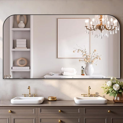 30"x55" Black Metal Framed Bathroom Mirror for Over Sink | Rounded rectangle shape. Shatterproof HD glass, all mounting hardware for bathroom, bedroom, entryway.