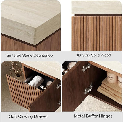 48" Floating Bathroom Vanity with Sink, Bathroom Stroage Vanities with Drawer and 2 Doors, Roma Travertine-Pattern Countertop and 3 Pre-drilled Faucet Holes Ceramic Basin, Pre-Assembled, Dark Oak