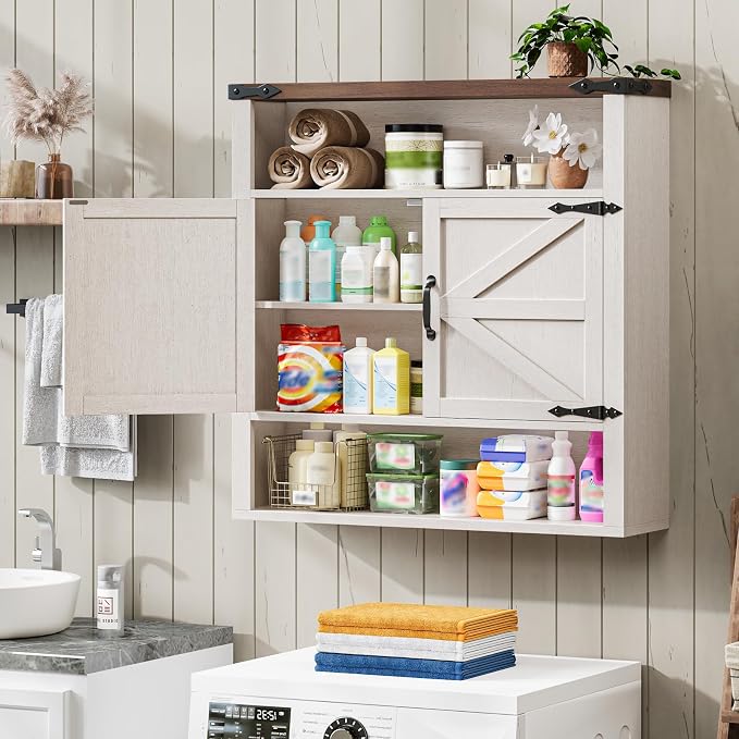 Bathroom Wall Cabinet, Farmhouse Medicine Cabinet with Adjustable Shelves and 2 Barn Doors, Wall Mounted Over the Toilet Storage Cabinet for Bathroom, Laundry Room, Kitchen, Rustic White and Brown