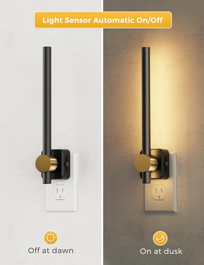 L LOHAS LED Night Light, Night Lights Plug into Wall, Dimmable Night Light | 0-200LM, Nightlight Black and Gold Vanity Light Bar for Bathroom Bedroom, Soft White 3000K, Dusk to Dawn Sensor
