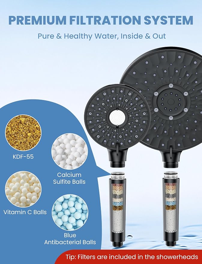 Filtered Shower Head Handheld Mother-Child Large Arm Combo, High Pressure 10-Spd Detachable Chrome Showerhead w/Stainless Hose, Water Softener Beads Hard Water - Remove Chlorine, Black