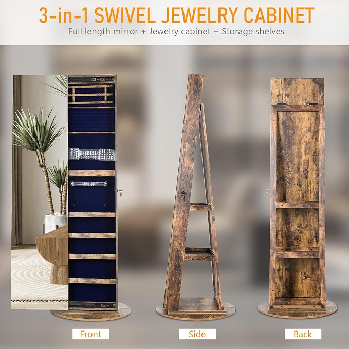 LVSOMT LED Jewelry Cabinet with Sliding Full Length Mirror,Retro Brown | 360° Swivel Mirror with Storage, Lockable Jewelry Armoire Organizer with 23 Rear Shelves for Bedroom, Gift for Women