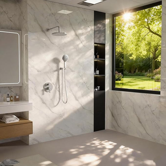 Brushed Nickel Shower Faucet Set with Valve 10 Inches Rainfall Shower Head Combo Set, Wall Mount Shower Fixtures Shower Head System with 6 Function Handheld