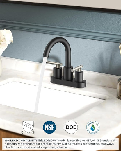 FORIOUS 4 Inch Centerset Bathroom Sink Faucet Black and Brushed Nickel | Brushed Nickel and Black bathroom faucet 4 In, RV Sink Faucet Bathroom with Pop Up Dain, 24" Water Hose, 1.2gpm Spare Aerator