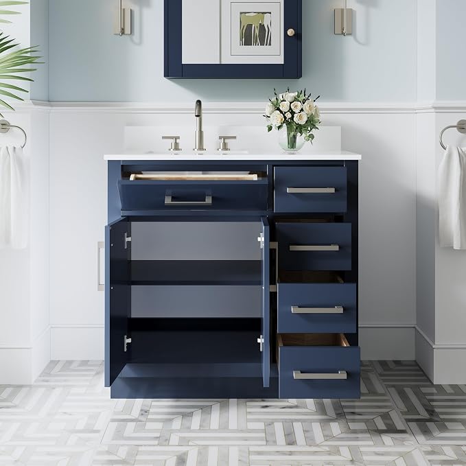 36-Inch Bathroom Vanity with Sink W/ 2 Doors & 4 Drawers & 1 Flip Drawer, Navy Blue Vanity W/Brushed Nickel Handles