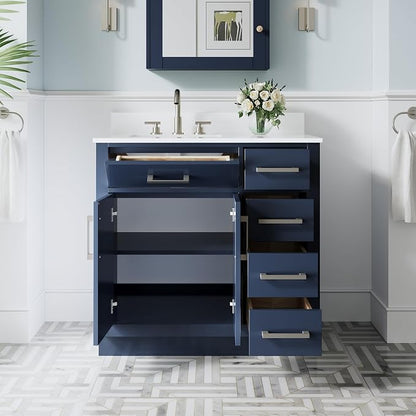 36-Inch Bathroom Vanity with Sink W/ 2 Doors & 4 Drawers & 1 Flip Drawer, Navy Blue Vanity W/Brushed Nickel Handles