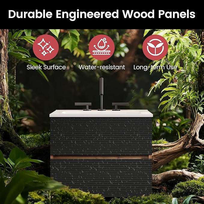 24" Floating Bathroom Vanity with Sink, Modern Wall Mounted Floating Vanity with Ceramic Sink, Double Soft-Close Drawers for Small Space, Apartment, Walnut+Black