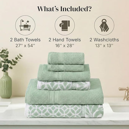 Modern Threads Botanical Vine 6-Piece 100% Cotton Towel Set – Reversible Yarn Dyed Jacquard – Includes 2 Bath Towels, 2 Hand Towels, 2 Washcloths – Absorbent, Quick Dry, Soft & Durable – Sage Green