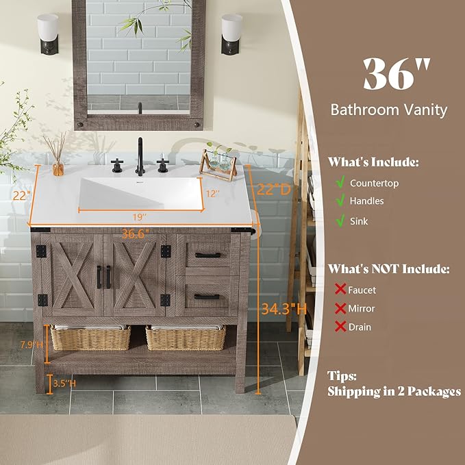 AMERLIFE 36" Farmhouse Bathroom Vanity with Sink Combo, Wood Barn Door Freestanding Small Single Bath Storage Cabinet Set with Sliding Drawers & Open Shelf, Paper Towel Holder, Light Gray