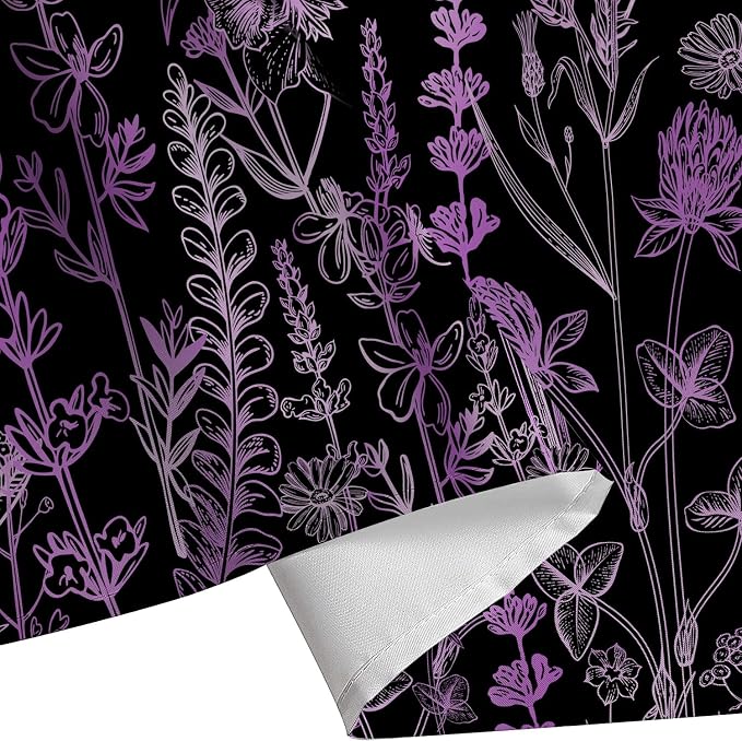 Vintage Black and Purple Boho Shower Curtain, Black Violet Floral Aesthetic Dark Wildflower Botanical Flowers Shower Curtain for Bathroom with Hook, Farmhouse Plant Art Chic Shower Curtain 72X72