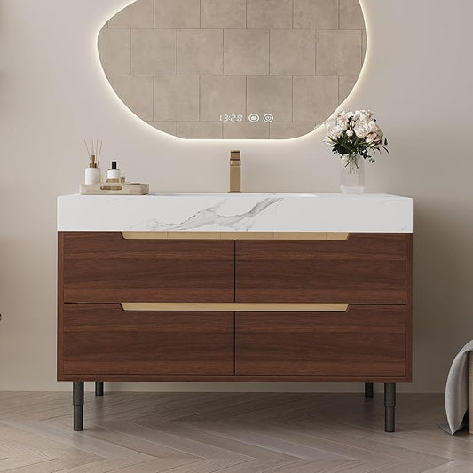 36 Inch Modern Bathroom Vanity with Undermount Sink, 2-in-1 Wall Mounted & Free-Standing Bathroom Vanity Cabinet with Sintered Stone Top & 4 Drawers, Walnut Wood Single Sink Bathroom Vanities