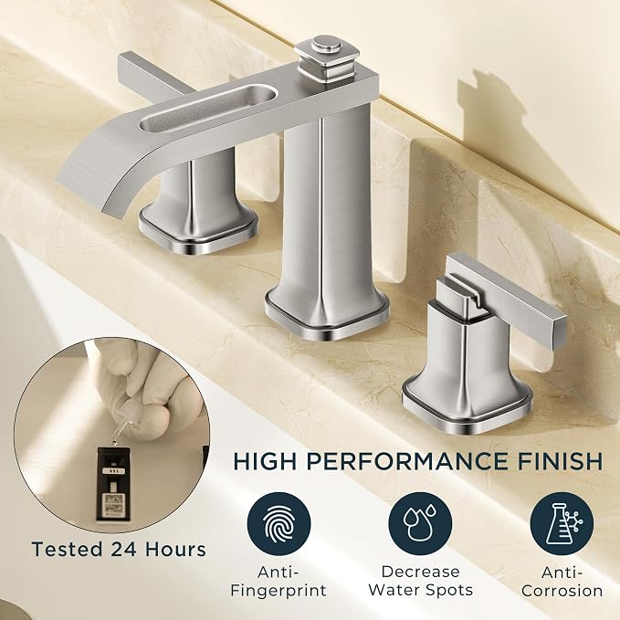 FORIOUS Bathroom Faucet 3 Hole Widespread Sink Faucets Brushed Nickel | 3-hole 4-12 Inch Widespread Sink, Square Waterfall Spout, with Drain and Hoses,for Vanity Rv Commercial Lavatory Restroom