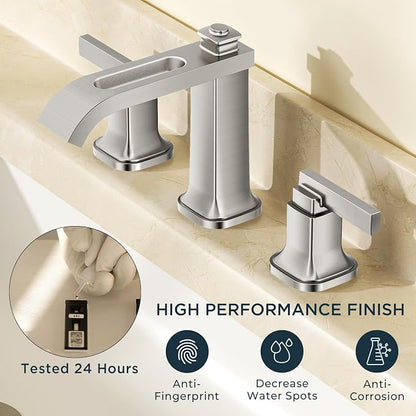 FORIOUS Bathroom Faucet 3 Hole Widespread Sink Faucets Brushed Nickel | 3-hole 4-12 Inch Widespread Sink, Square Waterfall Spout, with Drain and Hoses,for Vanity Rv Commercial Lavatory Restroom