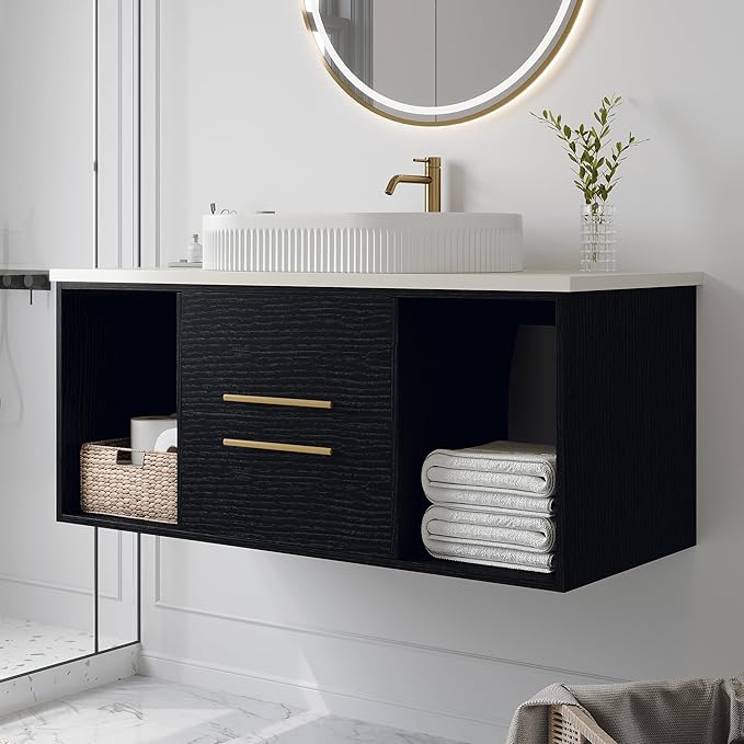 40" Modern Black Bathroom Vanity Floating Bathroom Vanities with Above Oval Ceramic Sink 40-inch Wall Mounted Wooden Bathroom Sink Cabinet with 2 Drawers&2 Open Shelves&Gold Metal Handle