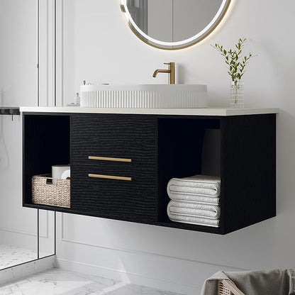 40" Modern Black Bathroom Vanity Floating Bathroom Vanities with Above Oval Ceramic Sink 40-inch Wall Mounted Wooden Bathroom Sink Cabinet with 2 Drawers&2 Open Shelves&Gold Metal Handle
