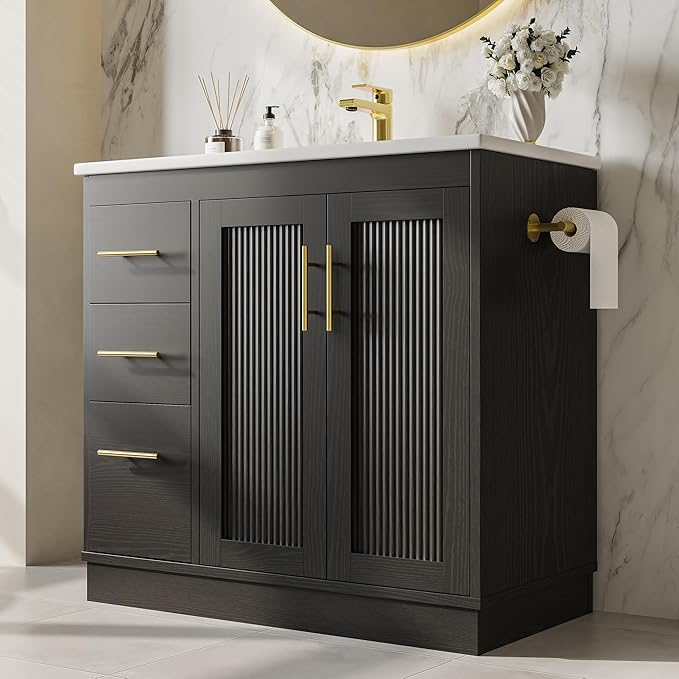 IRONCK 36 Inch Bathroom Vanity with Sink, Modern Black Bathroom Cabinet with Soft Closing Doors, 3 Drawers, Adjustable Shelf & Toilet Paper Holder