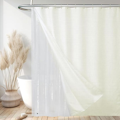 3 in 1 Shower Curtain Set, Cream Shower Curtain and Liner Set with 12 Double Sided Shower Curtain Hooks, Cloth Shower Curtains for Bathroom,Waterproof, 72" W*72" H