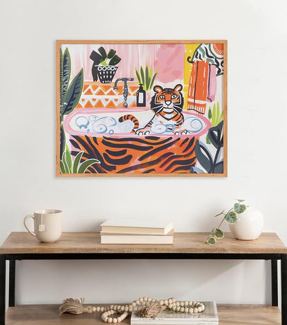 Kate and Laurel Bold Maximalist Tiger in Bubble Bath Framed Wall Art by The Creative Bunch Studio, 20x16 Natural, Cute Animal Bathroom Art for Wall