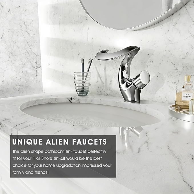Elegant Alien Chrome Bathroom Sink Faucet Single Hole,AUU Chrome Polished Waterfall Vanity Sink Faucet Solid Brass,Single Handle Basin Tap with Pop Up Drian&Deck Plate
