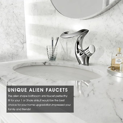Elegant Alien Chrome Bathroom Sink Faucet Single Hole,AUU Chrome Polished Waterfall Vanity Sink Faucet Solid Brass,Single Handle Basin Tap with Pop Up Drian&Deck Plate