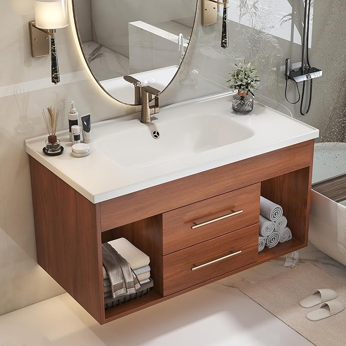 36" Floating Bathroom Vanity with Single Sink, Modern Wall Mounted Bathroom Vanities with Ceramic Basin, Wood Bathroom Vanity Cabinet with 2 Drawers and 2 Open Cabinets, Walnut
