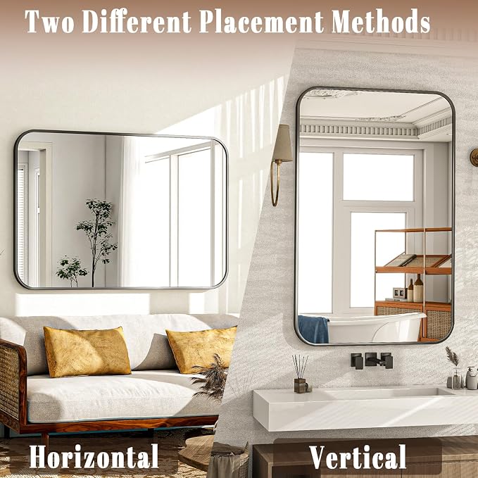 30x48 Inch Black Bathroom Vanity Mirror for Over Sink | Rectangle Wall Mirror for Bathroom with Round Corner, Hangs Horizontally Vertically for Living Room, Bedroom as Home Decor