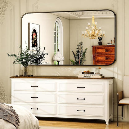 Easly 30 x 48 Inch Bathroom Mirror, Rounded Rectangular Vanity Mirror for Wall, Modern Mirror for Room Decor, Black Framed Wall-Mounted Mirrors for Home Decor, Hangs Horizontally or Vertically