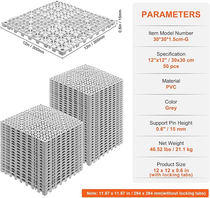 Happybuy Tiles Interlocking 50 PCS Gray, Drainage 12x12x0.6 Inches, Outdoor Floor Tiles, Outdoor Interlocking Tiles, Deck Flooring for Pool Shower Bathroom Patio Garage