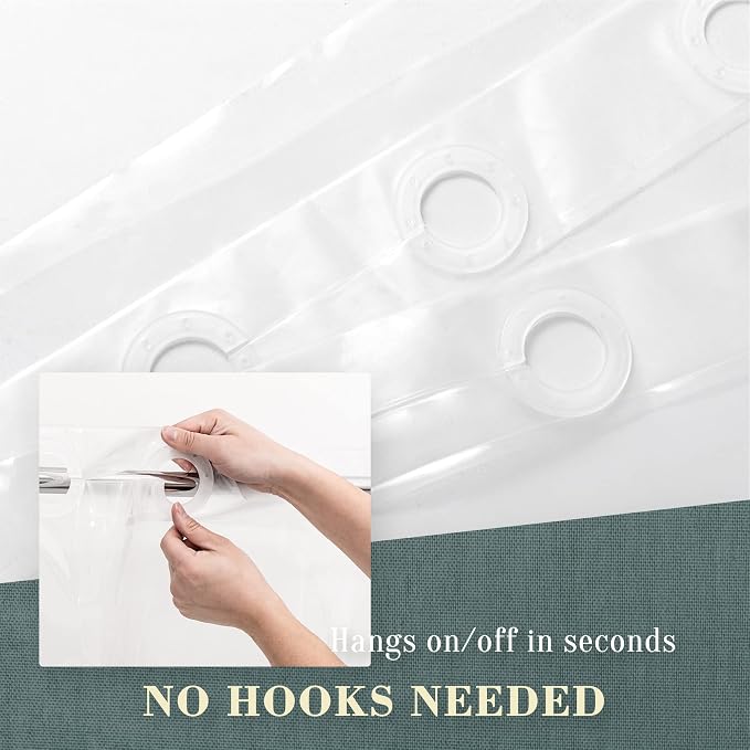 No Hook PEVA Shower Curtain or Liner, Standard Size 71 x 74, Clear | 8G Heavy Duty, Clear Bathroom Shower Curtain, No Hooks Required, Waterproof Plastic & PVC Free