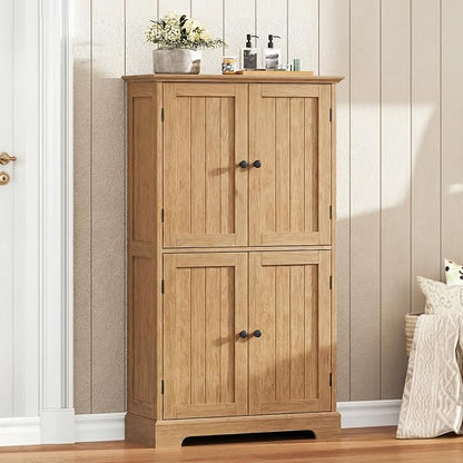 ChooChoo Bathroom Floor Cabinet with Adjustable Shelves | Bathroom Storage Cabinet, 4 Doors, Freestanding Cupboard for Living Room, Natural
