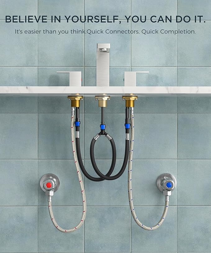 QFN Lead-Free Brushed Nickel Bathroom Faucet 3 Hole, Square Bathroom Sink Faucet 8 Inch Widespread, 2 Handle for 6"-12" Vanity Sink with Metal Pop Up Drain and 24" cUPC Supply Hoses