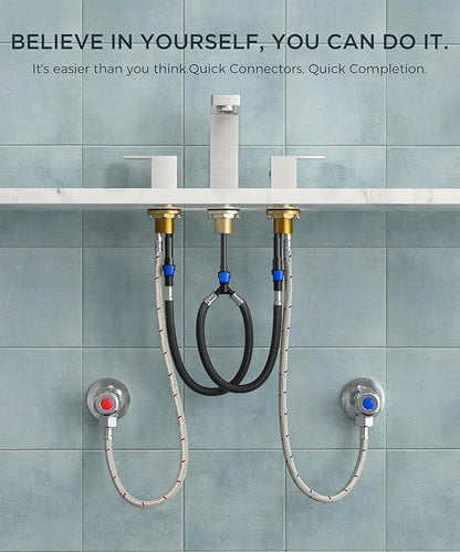 QFN Lead-Free Brushed Nickel Bathroom Faucet 3 Hole, Square Bathroom Sink Faucet 8 Inch Widespread, 2 Handle for 6"-12" Vanity Sink with Metal Pop Up Drain and 24" cUPC Supply Hoses
