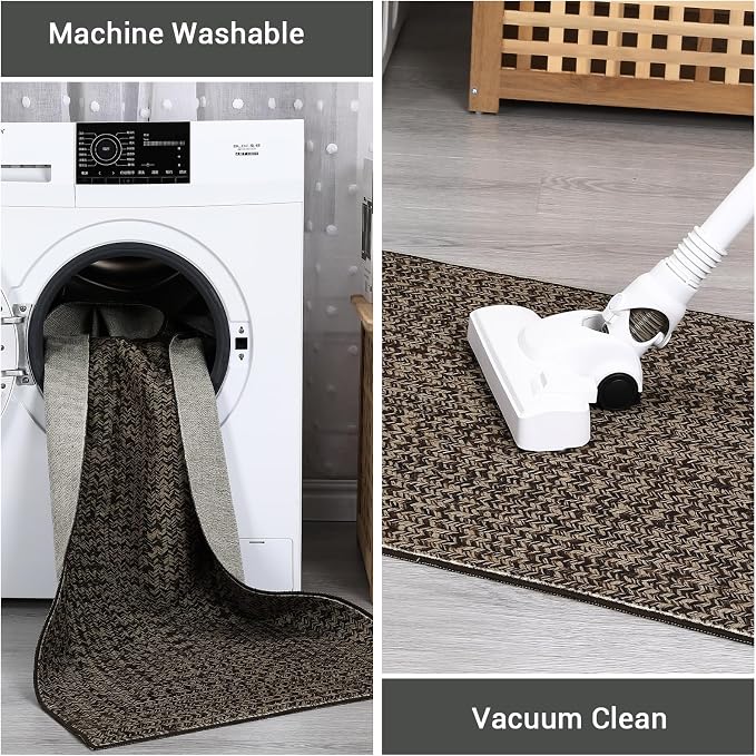 Washable Runner Rug 2x6 Hallway Rug Runner Non Slip Bath Mat Modern Soft Farmhouse Throw Rugs Kitchen Rugs Stain Resistant Carpet for Bedroom Entryway Indoor 2'x6' Black/Brown